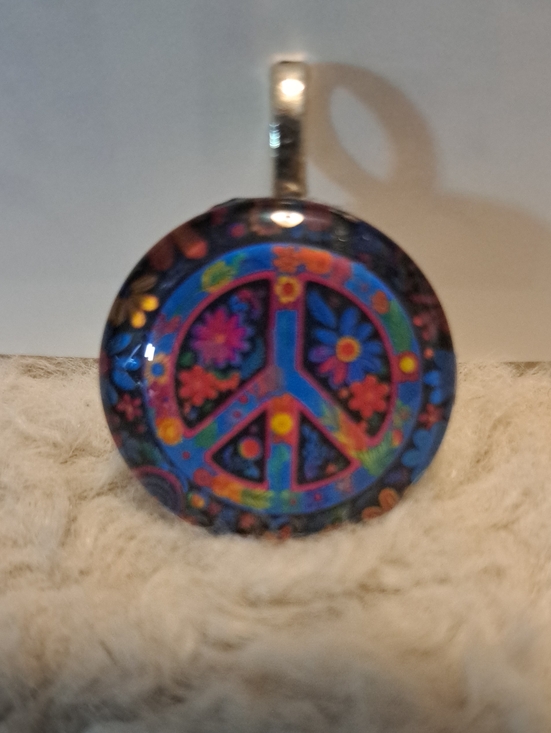 Hand Crafted Jewelry - Hand Crafted Boho Peace Sign Glass Tile Pendant in Multicolor